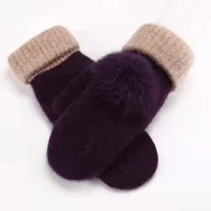 Thickened plush rabbit fur winter mittens for women, cute warm knitted solid color gloves.