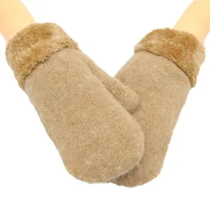 Cozy winter fleece lined knitted mittens for women thick warm solid color cold weather gear.