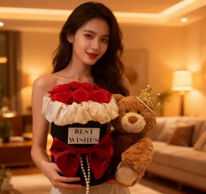 Boîte de fleurs de roses éternelles avec ours en peluche couronne cadeau pour la Saint-Valentin.