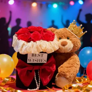 Coffret cadeau ours en peluche et roses éternelles avec couronne et perles pour la Saint-Valentin