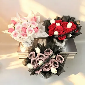 Artificial soap rose and tulip bouquet in bucket, elegant gift for girlfriend birthday party.