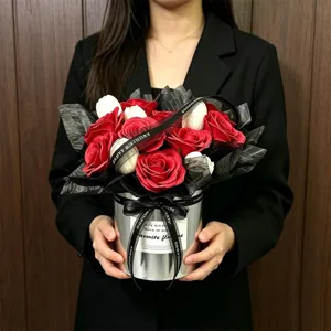 Soap flower rose bouquet in metal box gift for girlfriend birthday mother day elegant decor.
