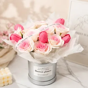 Soap flower rose tulip bouquet in metal hug bucket, perfect romantic gift for girlfriend.
