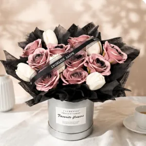 Artificial rose and tulip bouquet in round gift box, perfect birthday gift for girlfriend.