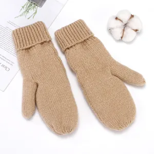 Women winter thick warm knit mittens solid color cute fleece lined cozy gloves outdoor wear