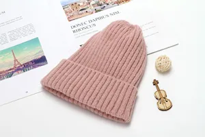 Pink ribbed knit beanie hat for women winter warm solid color casual pullover hat stylish