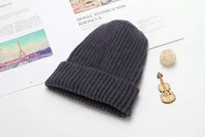 Dark grey ribbed knit beanie winter warm pull-on skull cap for men and women daily wear