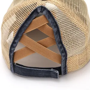 Achterkant detail van een mesh honkbalpet met elastische kruisbanden en verstelbare klittenband.