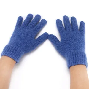 Blue rabbit hair knit five finger gloves winter warm wrist protection soft detail view
