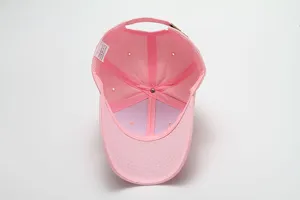 Detailed interior view of the pink baseball cap showing neat stitching and breathable fabric.