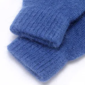 Blue fuzzy knit rabbit hair gloves detail shot, soft texture and cozy winter warm design.