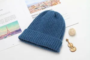 Winter blue knitted beanie hat warm soft thick ribbed cuff skull cap casual daily wear
