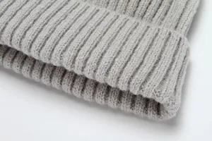 Grey knitted beanie hat detail close up view winter warm wool cap soft fabric texture