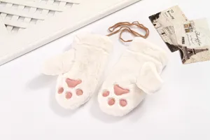 Cute plush mittens for women winter warm fuzzy gloves with pink paw print and hanging rope