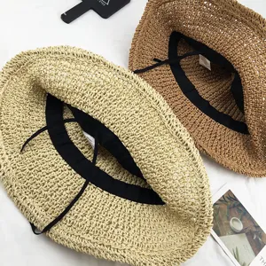 Chapeau de seau en paille pour femme été plage protection solaire pliable bob de pêcheur.