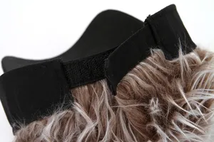 Wig hat detail with adjustable velcro and highlighted curly hair. Trendy autumn winter look.