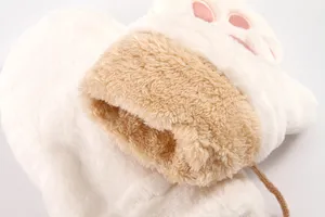 Cute fluffy cat paw winter mittens with soft thick fleece lining warm cozy plush gloves detail