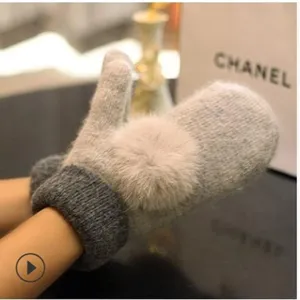 Women Winter Warm Rabbit Fur Ball Mittens Cute Solid Color Knitted Wool Blend Thickened Thermal Gloves Fashion Accessories