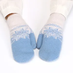 Cozy winter blue white knit mittens for women, warm plush rabbit fur fleece lined design.