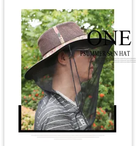Detailed view of outdoor sun hat with breathable mesh crown and protective mosquito net veil.