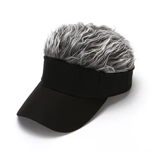 Funny wig hat with visor, black cap and grey curly hair extensions for fashion outdoor wear.