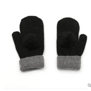 Winter warm women knit mittens cute fluffy pom pom thick fleece lined black gloves