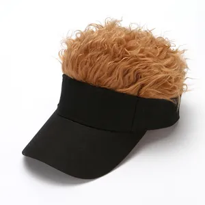 Novelty wig visor cap with curly brown hair attached funny black hat for women outdoor