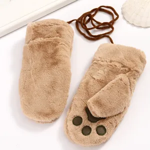 Cute plush winter mittens for women, warm cat paw convertible flip-top gloves with neck strap.
