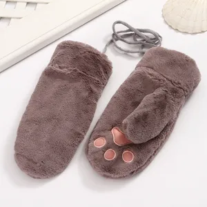 Cute brown plush winter mittens with pink cat paw embroidery and hanging string flat lay main
