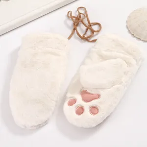 Women Cute Cat Paw Plush Flip Mittens Winter Warm Convertible Gloves with Strings