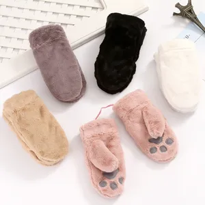 Cute plush winter mittens for women, warm fleece thick cozy cat paw gloves for cold weather.