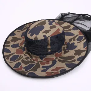 Men Outdoor Camouflage Bucket Hat Waterproof UV Protection Sun Hat Wide Brim Fishing Cap Breathable Mesh Mosquito