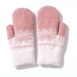 Fluffy knit mittens with snowflake pattern, plush rabbit hair blend winter warm gloves detail.