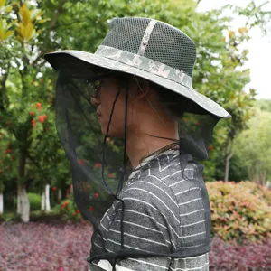 Outdoor camo sun hat for men with mosquito net, wide brim waterproof fishing cap for summer.