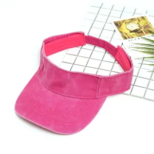 Pink washed denim empty top sun hat for women, wide brim outdoor UV protection visor cap.