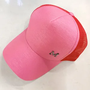 Women Summer Pink Mesh Baseball Cap Breathable Trucker Hat with Metal M Letter Decor