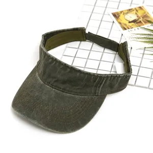 Vintage washed denim empty top sun visor hat for women summer outdoor UV protection wide brim.