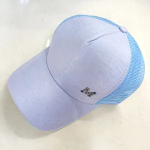 Light purple summer mesh baseball cap with breathable back and stylish metal M letter.