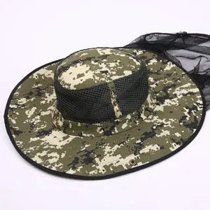 Outdoor camo sun hat with mosquito net men waterproof UV protection wide brim fisherman cap
