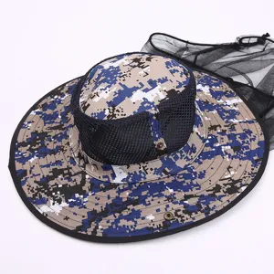 Outdoor camo sun hat with mosquito net, wide brim UV protection fishing bucket hat for men.