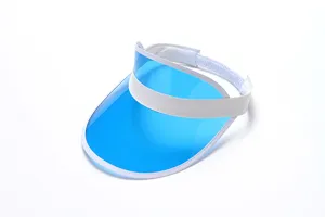 Transparente PVC Sonnenblende Detail mit klarem blauem Schirm und weissem Gummiband.