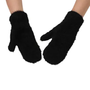 Winter warm solid color plush mittens for women, thick fleece lined soft cozy rabbit fur gloves.
