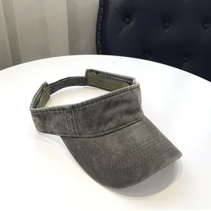 Washed denim empty top sun visor hat for women, outdoor UV protection baseball cap with wide brim.