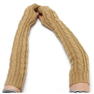 Detailed view of long cable knit fingerless gloves, winter warm arm warmers in beige.