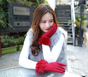 Women winter touch screen gloves with faux rabbit fur cuff bow warm cashmere gloves red