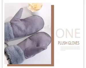 Grey plush suede mittens for women, cozy winter warm thick gloves with soft fur cuff.