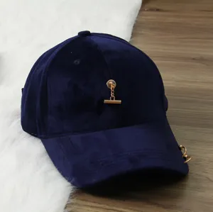 dark blue velvet baseball cap with metal chain decoration curved brim fashion hat for women