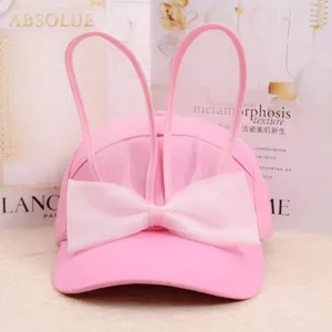 Casquette de Baseball Mignonne pour Femmes Oreilles de Lapin Maille Douce Noeud Chapeau de Protection Solaire Réglable Mode Été