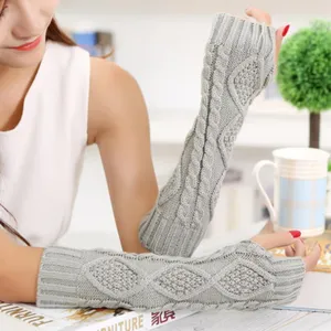 Women grey knit arm warmers fingerless winter warm gloves stylish diamond pattern sleeves