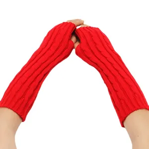 Gants longs tricotés sans doigts rouges chauffe-bras d'hiver pour femmes et hommes, doux chaud.